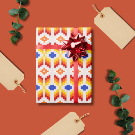 Papel De Regalo Patrón floral de píxeles geométricos en rojo naran