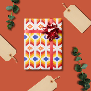 Papel De Regalo Patrón floral de píxeles geométricos en rojo naran