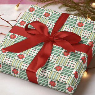 Papel De Regalo Patrón Floral de Poinsettia de Navidad en Patchwor