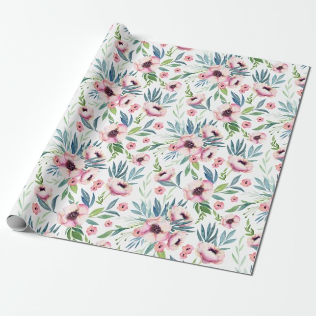 Papel De Regalo Patrón floral de primavera rosada (Desenrollado)