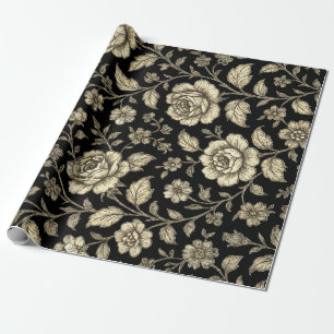 Papel De Regalo Patrón floral de rosa dorada vintage sobre negro