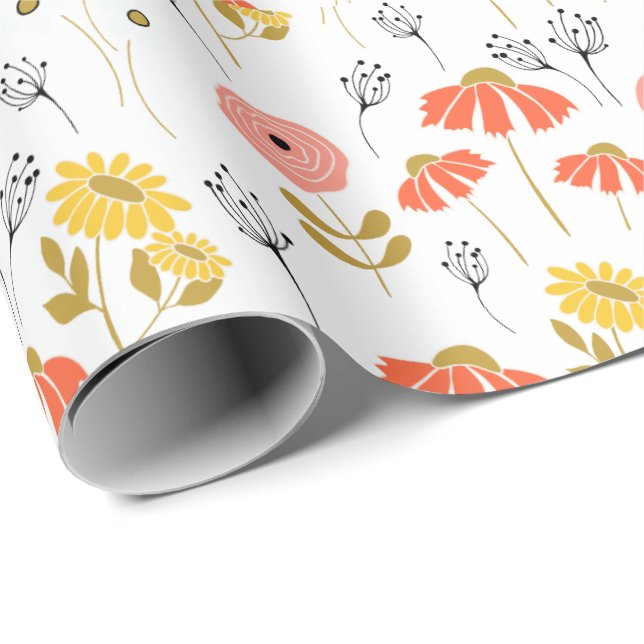 Papel De Regalo patrón floral de verano naranja y amarillo (Esquina del rollo)