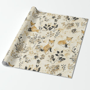 Papel De Regalo Patrón Floral de Zorro del Bosque de Oro Negro