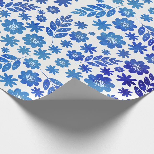 Papel De Regalo Patrón floral dibujado con la mano de China azul (Esquina)