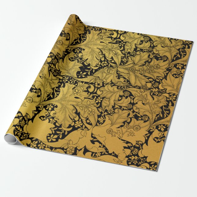 Papel De Regalo Patrón floral dorado Flor oriental (Desenrollado)