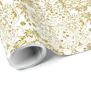 Papel De Regalo Patrón floral dorado y blanco