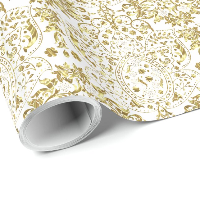 Papel De Regalo Patrón floral dorado y blanco (Esquina del rollo)