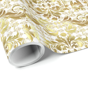 Papel De Regalo Patrón floral dorado y blanco