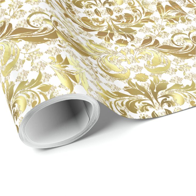 Papel De Regalo Patrón floral dorado y blanco (Esquina del rollo)