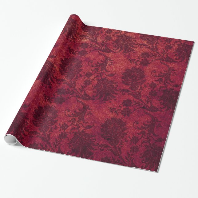 Papel De Regalo Patrón floral elegante de damasco real rojo (Desenrollado)