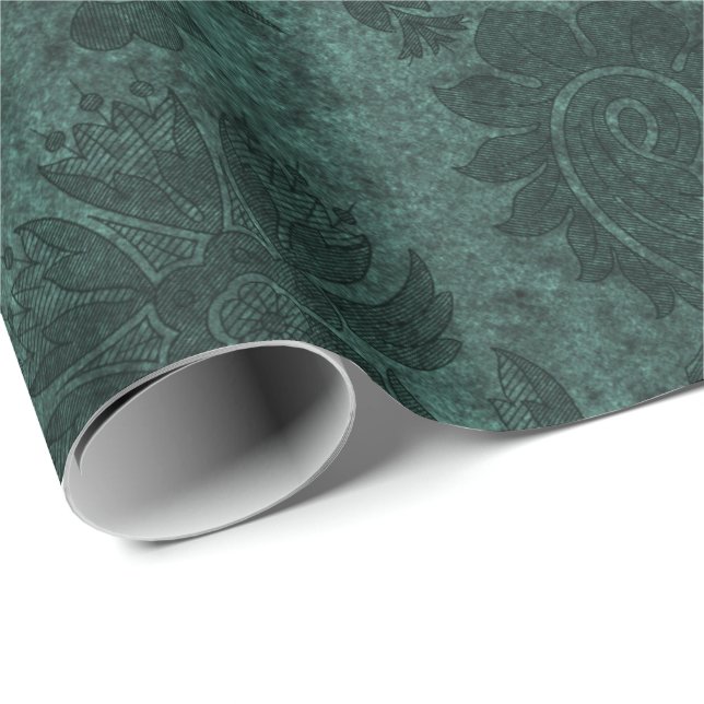 Papel De Regalo Patrón floral elegante del damasco real verde (Esquina del rollo)