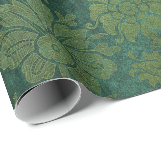 Papel De Regalo Patrón floral elegante del damasco real verde (Esquina del rollo)