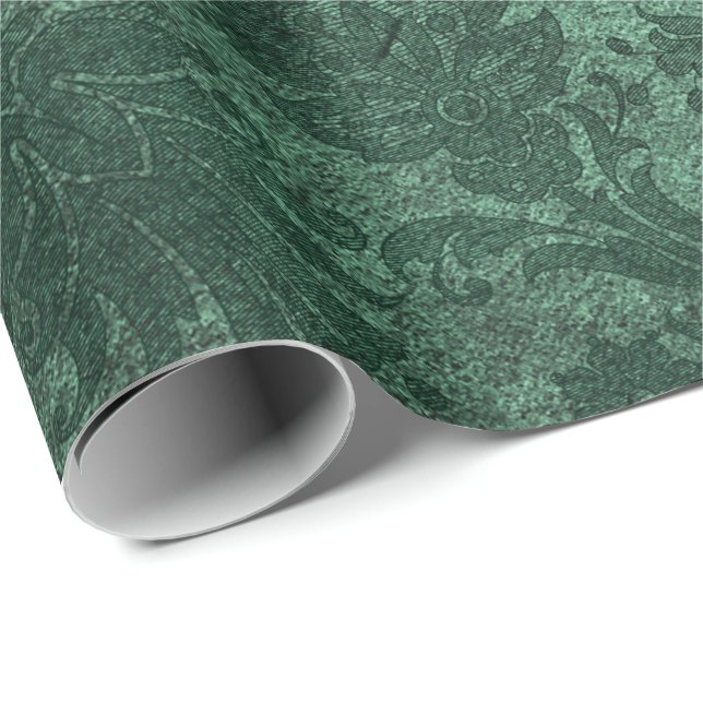 Papel De Regalo Patrón floral elegante del damasco real verde (Esquina del rollo)
