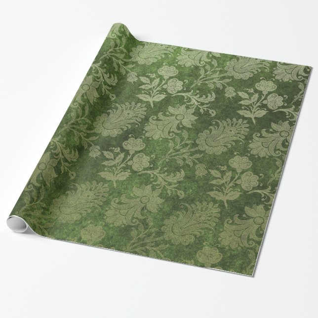Papel De Regalo Patrón floral elegante del damasco real verde (Desenrollado)