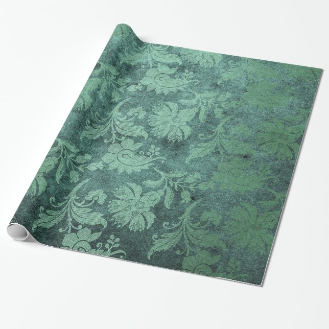 Papel De Regalo Patrón floral elegante del damasco real verde (Desenrollado)