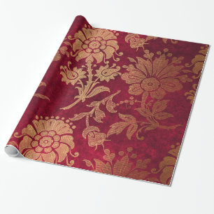 Papel De Regalo Patrón floral elegante dorado rojo damasco real