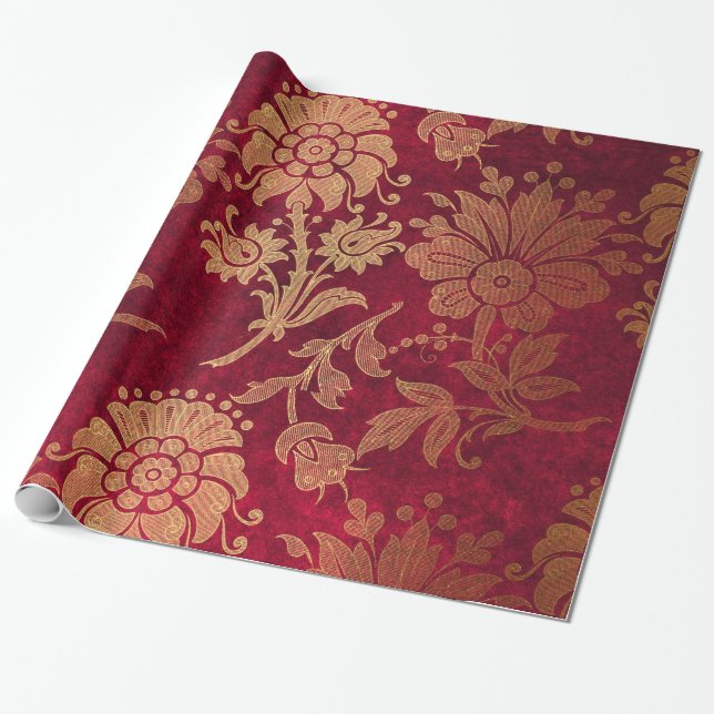 Papel De Regalo Patrón floral elegante dorado rojo damasco real (Desenrollado)