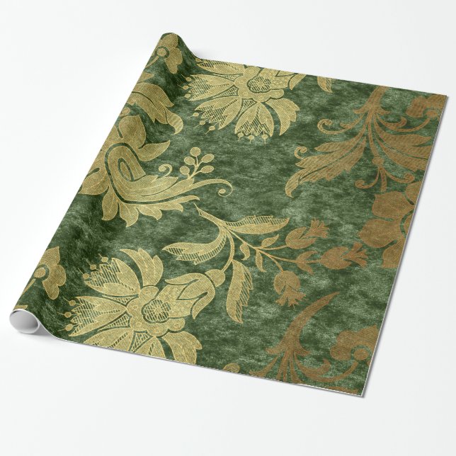 Papel De Regalo Patrón floral elegante dorado verde real damasco (Desenrollado)