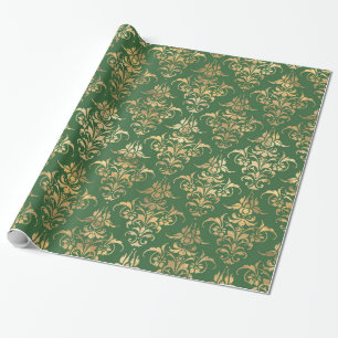 Papel De Regalo Patrón floral elegante dorado verde real damasco
