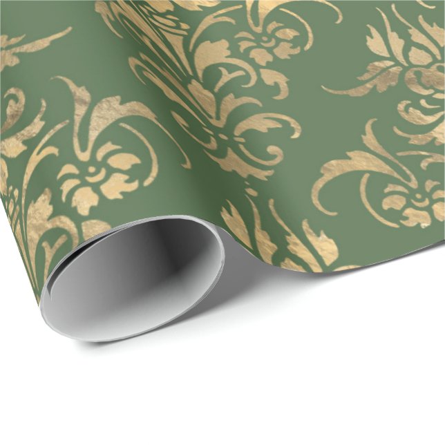 Papel De Regalo Patrón floral elegante dorado verde real damasco (Esquina del rollo)