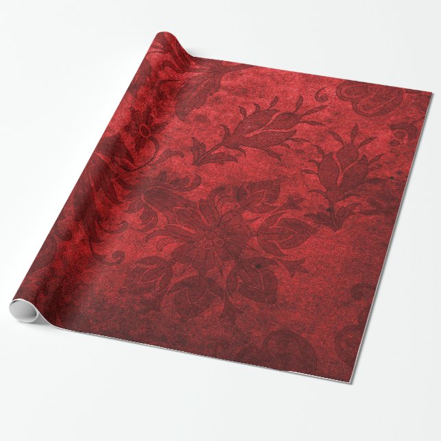 Papel De Regalo Patrón floral elegante rojo damasco real (Desenrollado)