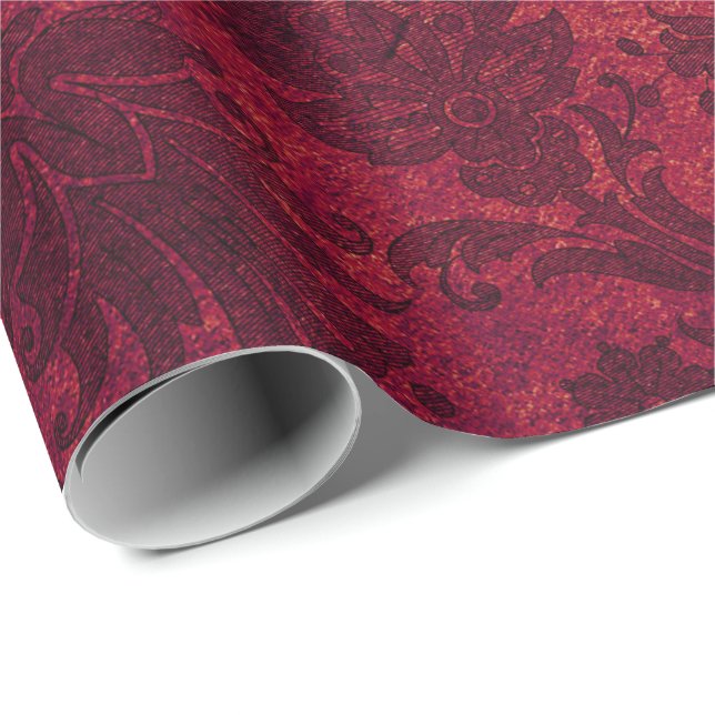 Papel De Regalo Patrón floral elegante rojo damasco real (Esquina del rollo)