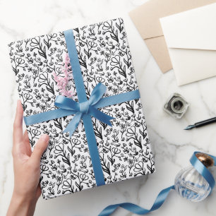 Papel De Regalo Patrón floral en blanco y negro
