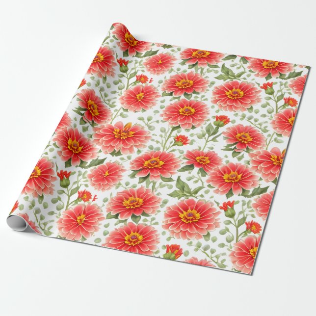 Papel De Regalo Patrón floral Flores de zinnia (Desenrollado)