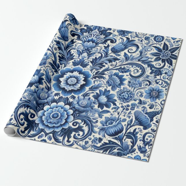 Papel De Regalo Patrón floral folicular azul (Desenrollado)