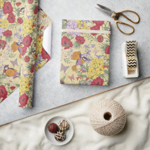 Papel De Regalo Patrón floral Hydrangea Lilac Aves azules