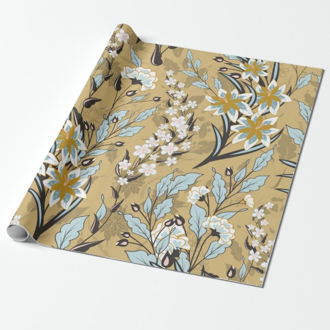 Papel De Regalo Patrón floral inmaculado en el fondo negro (Desenrollado)