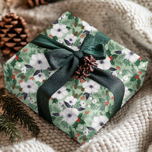 Papel De Regalo Patrón Floral Invernal de Navidad en Rojo Verde Bl