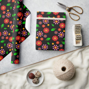 Papel De Regalo Patrón floral minimalista moderno con fondo negro