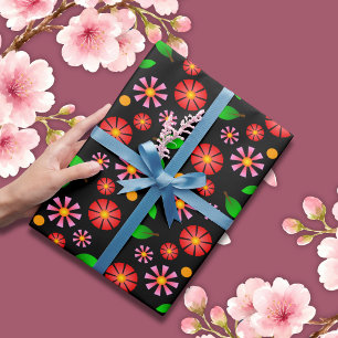 Papel De Regalo Patrón floral minimalista moderno con fondo negro