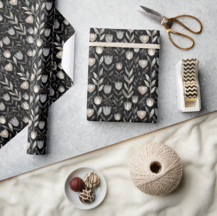 Papel De Regalo Patrón floral monocromático sobre fondo negro