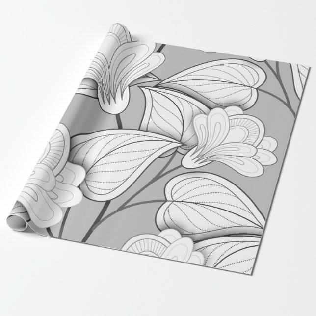 Papel De Regalo Patrón floral monocromo impecable. Hand Drawn Flo (Desenrollado)