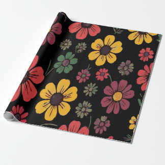 Papel De Regalo Patrón floral multicolor vibrante sobre fondo negr