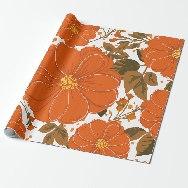 Papel De Regalo Patrón floral Naranja vibrante con hojas (Desenrollado)