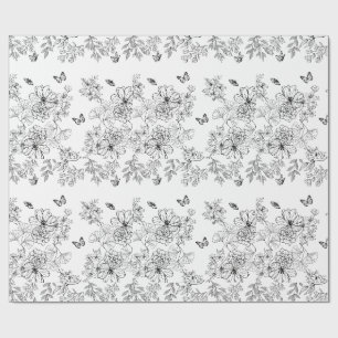 Papel De Regalo Patrón floral negro y blanco Minimalista moderno