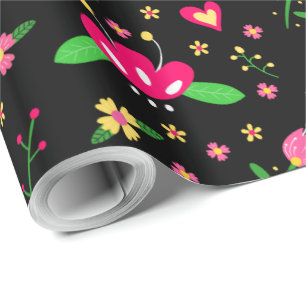 Papel De Regalo Patrón floral ocupado sobre negro