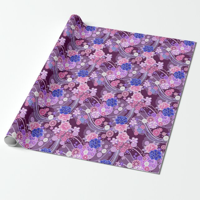 Papel De Regalo Patrón floral oriental elegante azul morado (Desenrollado)