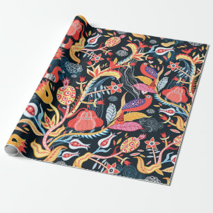 Papel De Regalo patrón floral ornamental con pájaros en una cuba