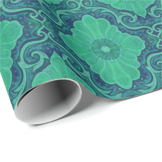 Papel De Regalo Patrón "floral palatial" en azul verde y azul mari (Esquina del rollo)