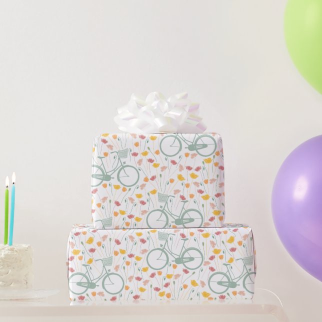 Papel De Regalo Patrón floral primaveral y de bicicleta ventilado (Regalos de fiesta)