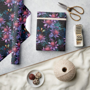 Papel De Regalo Patrón floral púrpura tropical neón oscuro
