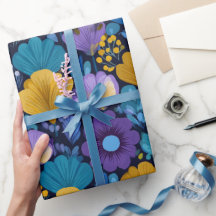 Patrón floral retro de los 70 en azul, púrpura y a