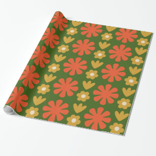 Papel De Regalo Patrón Floral Retro Escándalo Naranja Verde Ochre