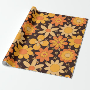 Papel De Regalo Patrón floral retro groovy amarillo y naranja