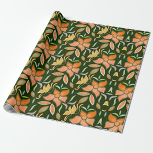 Papel De Regalo Patrón floral rico: flores de melocotón y hojas ve