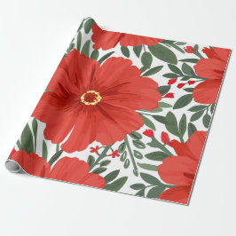 Papel De Regalo Patrón floral rojo audaz con hojas verdes frondosa